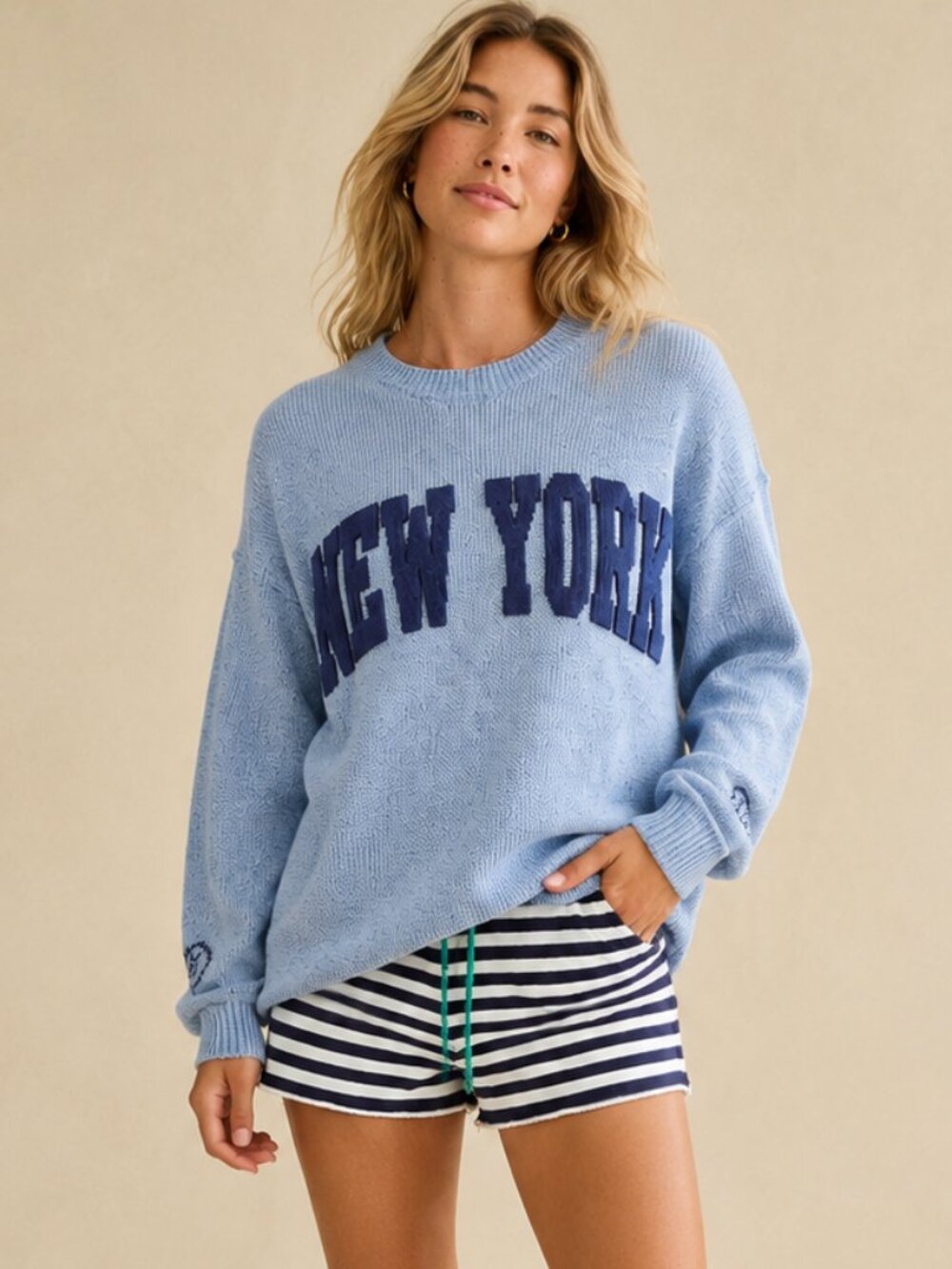 Vintage Style New York Blue Crewneck Sweater Soft Cozy Graphic Pullover S NEW